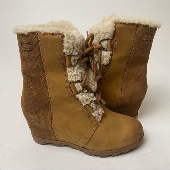 Sorel Joan of Arctic Mid Lace Up Wedge Elk Camel Brown Leather Shearling Lux 9 - Picture 1 of 6